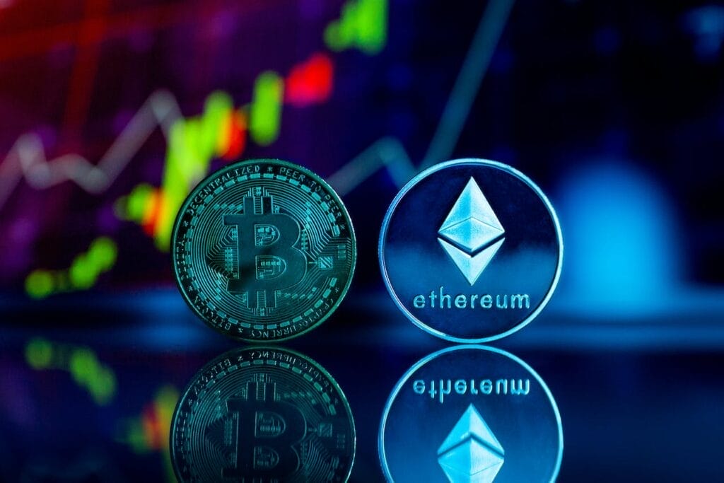 How to Sell Your Crypto Exchange Business: 10 Tips for a High-Value Exit - Sell Business Ethereum and bitcoin on a blue background for a Crypto Exchange Business. Exit Advisor Business Broker